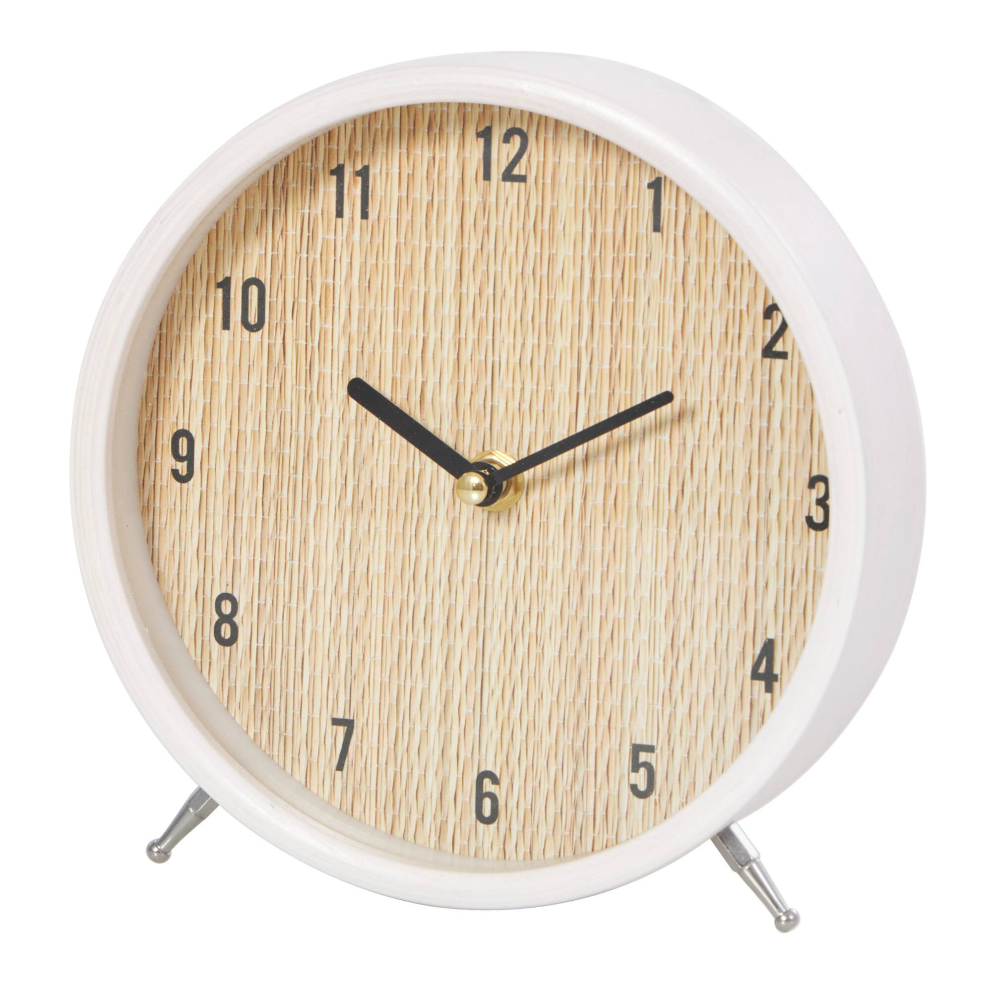 7" Light Brown Wood Woven Clock with White Frame & Silver Legs